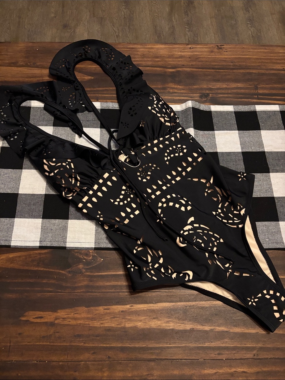 Flaxmaker black ruffle laser cut one piece small swimsuit new without tags